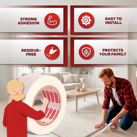 Heavy Duty Double Sided Carpet Tape For Area Rugs And Carpets, 2 Inch By 20 Yards, man applying tape to living room floor