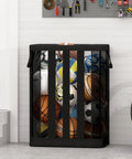 Ball Storage Organizer Basket For Garage, Gym, Or Playroom, Wall Mounted Or Freestanding Holder in black with 15 balls