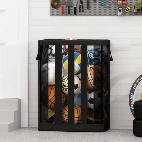 Ball Storage Organizer Basket For Garage, Gym, Or Playroom, Wall Mounted Or Freestanding Holder in black with 15 balls