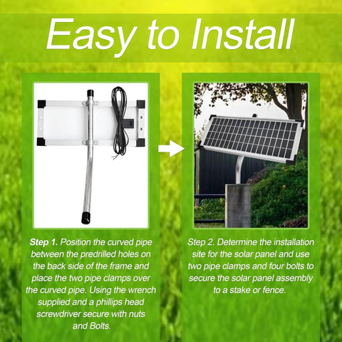 Solar Panel Kit For Automatic Gate Openers With 10 Watt Output Easy Plug And Play Install steps illustrated in green field