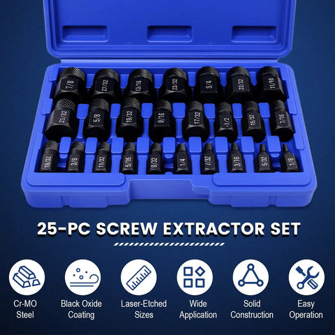 Pro Grade Heavy Duty Screw Extractor Set For Stripped Screws And Bolts Hex Head Multi Spline Easy Out Kit Includes 25 Pieces.