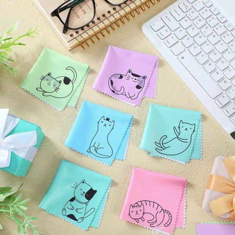 Sinmoe 20-pack microfiber cleaning cloths with pastel kitty designs, 6x6 inches, for eyeglasses, cameras and phones.