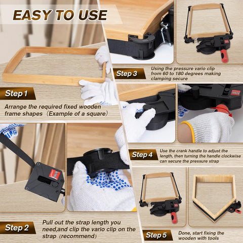 Instructions for using 23 Ft Variable Angle Band Clamp For Woodworking, Picture Frames, Barrels And Odd Shaped Pieces with vario clips