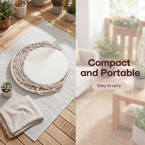 Macrame Hammock Chair Swing With Round Seat Cushion And Hardware Kit For Indoor Outdoor Use Boho Beige Hanging Chair displayed unpacked