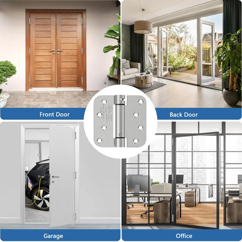 Rock Solid Self Closing Door Hinges Heavy Duty 4 Inch Spring Loaded Build Featuring 5 8 Inch Radius Corners displayed on various indoor doors.