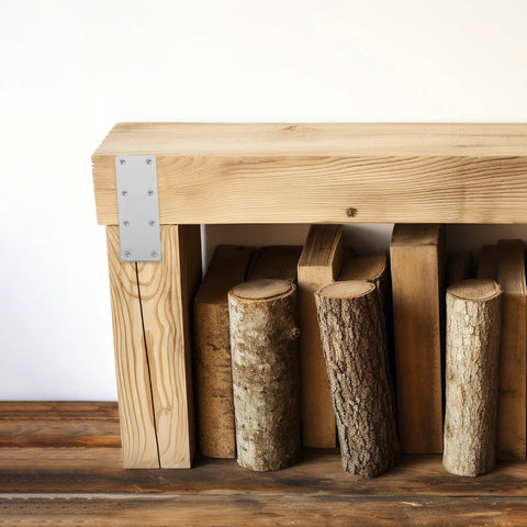 Wooden furniture with Five Pack Heavy Duty Stainless Steel Straight Brace Brackets for stability and support in joining wood pieces.