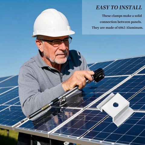 Rock Solid Solar Panel Mid Clamps Beefy 6061 Aluminum Alloy installed on solar panels by a man, showcasing its easy connection feature.