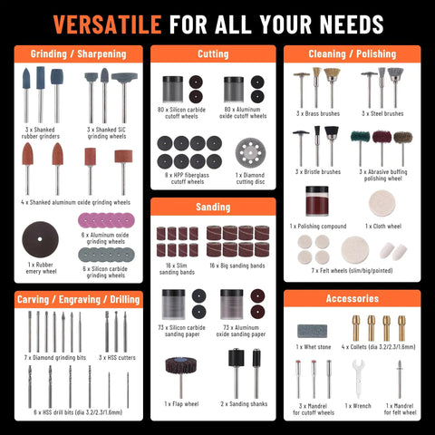 DIY Ready 420 Piece Rotary Tool Accessories Kit for Dremel and other one eighth inch shank tools displayed with labeled sections.