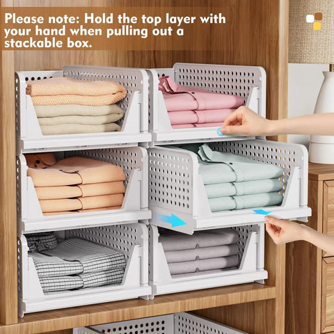 5 Pack Stackable Closet Storage Baskets, Foldable Organizer Bins For Bathroom Kitchen Laundry Room Wardrobe, No Fuss Space Saving Clothes Storage Drawers, Multifunctional Lightweight Organizer, installed in a wardrobe holding folded clothes