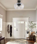 Industrial Semi Flush Mount Ceiling Light With Clear Glass Shade In Matte Black Finish, 13.8 Inch Diameter, in entryway scene