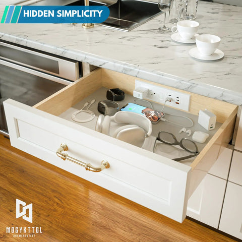 Drawer Outlet Kit With Four USB C PD30W Fast Chargers Plus Two USB A And Two Tamper Resistant Outlets in kitchen drawer