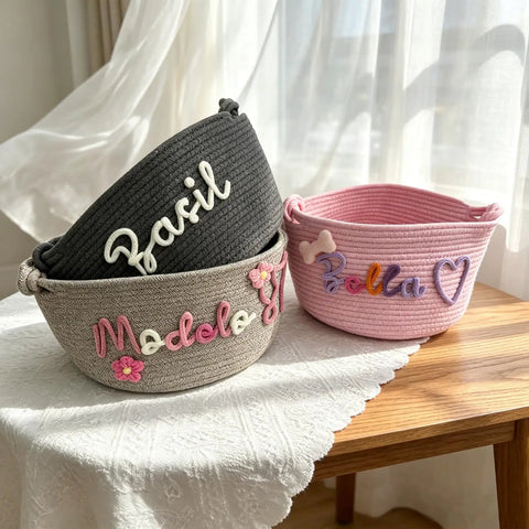 Custom Pet Toy Basket With Name Embroidery in black, beige, pink, large durable cotton rope toy storage bin for dogs and cats.