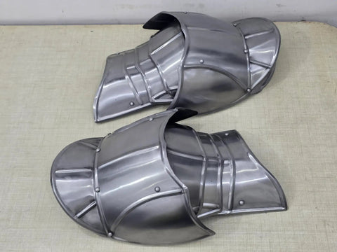 Epic Medieval Pauldron Armor Set Spaulders Pair For Cosplay And LARP Battle Ready Warrior Costume with silver metallic finish