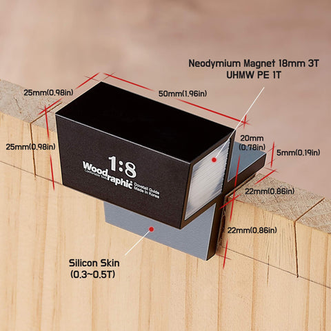 Complete Dovetail Guide Set With Magnetic Layout Tool for Pro Grade Precision Woodworking shown with measurements and details.