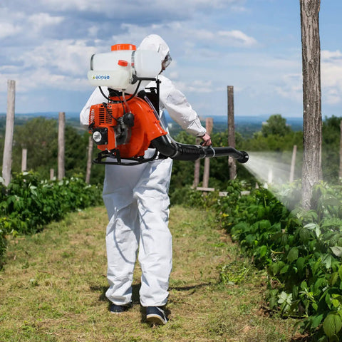 Gardener using Beast Mode Gas Powered Backpack Fogger Sprayer With 15.8 Gallon Tank 2.13kW Engine Running At 7500rpm