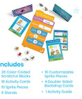 Scratch Block Based Coding Kit for Students Ages 8 to 12 Hands On Unplugged Coding Activities with sprite pieces and guide.