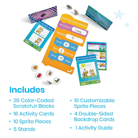 Scratch Block Based Coding Kit for Students Ages 8 to 12 Hands On Unplugged Coding Activities with sprite pieces and guide.