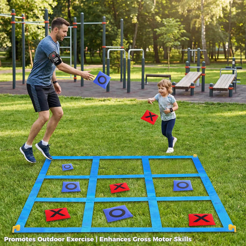Father and child playing Outdoor Giant Tic Tac Toe And Bean Bag Toss Game For Kids And Adults on grass field