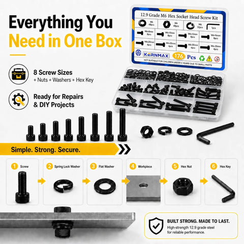 Massive M6 Screws Kit with 176 Pieces Including M6x8, M6x10, M6x12, M6x16, M6x20, M6x25, M6x30, M6x35mm Hex Socket Bolts