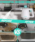 High Powered Handheld Steam Cleaner With Comprehensive Accessory Kit Designed To Nuke Stubborn Grime In Minutes While You Ditch Toxic Chemicals For Fresh House And Spotless Car Results, showing steam in action above before and after images of a dirty stove.