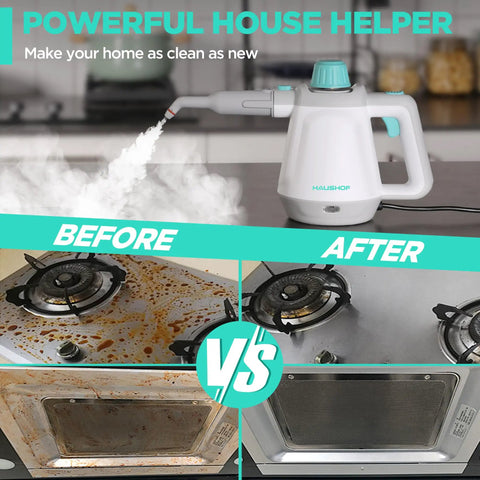 High Powered Handheld Steam Cleaner With Comprehensive Accessory Kit Designed To Nuke Stubborn Grime In Minutes While You Ditch Toxic Chemicals For Fresh House And Spotless Car Results, showing steam in action above before and after images of a dirty stove.