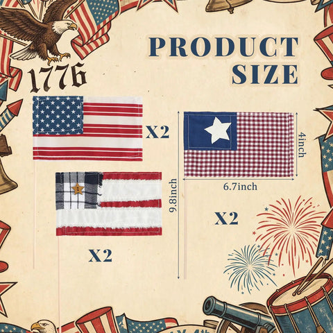 Six Pack 4x6 Inch Fabric Mini Flags On Sticks For 4th Of July Home Decor And Independence Day Parties, vintage patriotic designs