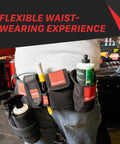 Hands Free Car Detailing Tool Belt built with rugged 600D Oxford fabric showing five pockets with bottles and tools for polishing auto care.