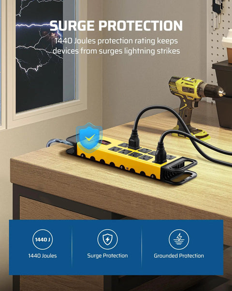 10 Outlet Power Strip With 15ft Cord And Flat Plug UL Listed Surge Protector 1440 Joules Heavy Duty Industrial Power Strip