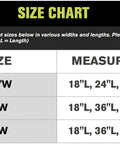 Size chart for Therapeutic Nylatex Wrap showing widths of 2.5, 4, 6 inches and lengths of 18, 24, 36, 48, 60 inches.