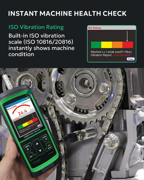 Pro Grade Vibration Analyzer VM 428 With External Sensor And PC Software For Motors Pumps Turbines And Machinery Five Parameter Diagnostics ISO Rating 0.1 To 300 Meters Per Second Squared Acceleration 1 To 850 Millimeters Per Second Velocity 30 Hz To 14 used on motor chain drive