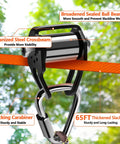Close-up of 65 Foot Backyard Ninja Zipline And Slackline Kit For Kids And Adults with pulley and steel crossbeam on slackline.