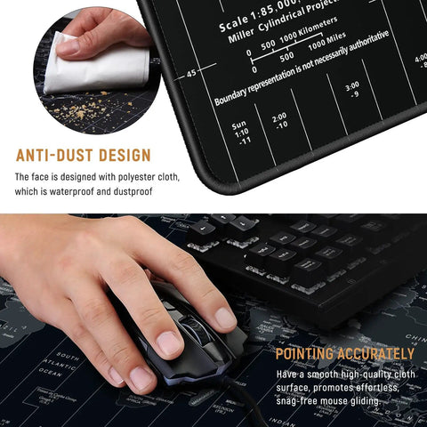 Close-up of XXL Extended Gaming Mouse Pad With Premium Non Slip Base, showcasing world map design and anti-dust polyester material.