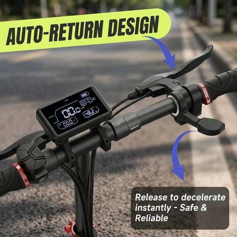 Electric scooter handlebars with thumb throttle accelerator, auto-return design, and digital display, Right Hand Replacement Fit 22mm.