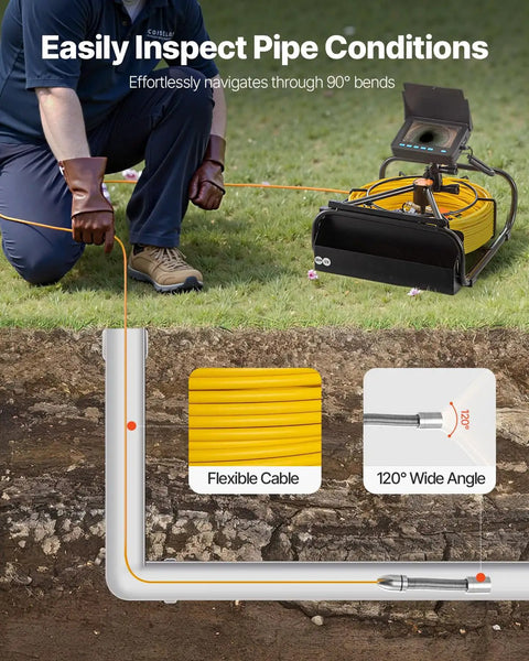 Drain Camera Kit With 164ft Cable, 4.3 Inch Color Screen, DVR Recording, Flexible Snake Cable, IP68 Waterproof Borescope With LED Lighting, Rugged Endoscope For Home Plumbing, Wall Duct And Sewer Inspection showing flexible cable in a pipe bend