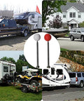 Two Pack Tall Adjustable Magnetic Trailer Alignment Kit With Extendable Poles For Boat Trailers, RVs, Campers, Horse Trailers And Cargo, Magnetic Hitch Line Up With Visible Red And White Balls, No Fuss Easy Height Adjustment, shown in driveway setting with vehicles and trailers.
