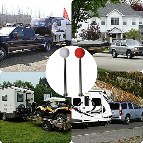 Two Pack Tall Adjustable Magnetic Trailer Alignment Kit With Extendable Poles For Boat Trailers, RVs, Campers, Horse Trailers And Cargo, Magnetic Hitch Line Up With Visible Red And White Balls, No Fuss Easy Height Adjustment, shown in driveway setting with vehicles and trailers.