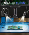 3D Digital Microscope For Soldering With Magnetic Dual Lens, 360 Degree Side Viewing, 7 Inch IPS Screen, 3K Resolution, HDMI And USB Output, Gooseneck Light, Repair Mat, 16GB Built In Memory, Pro Grade Tool For PCB Repair And Jewelry Inspection showing PCB repair setup with gooseneck lights
