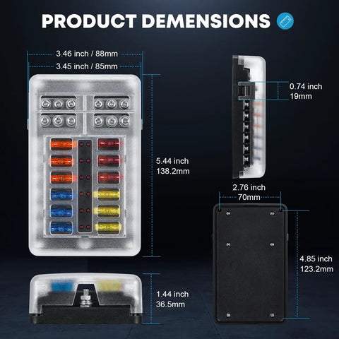 12V Marine Fuse Block With Waterproof Housing And LED Indicator, Includes 30 Fuses From 5A To 25A, front and side dimensions