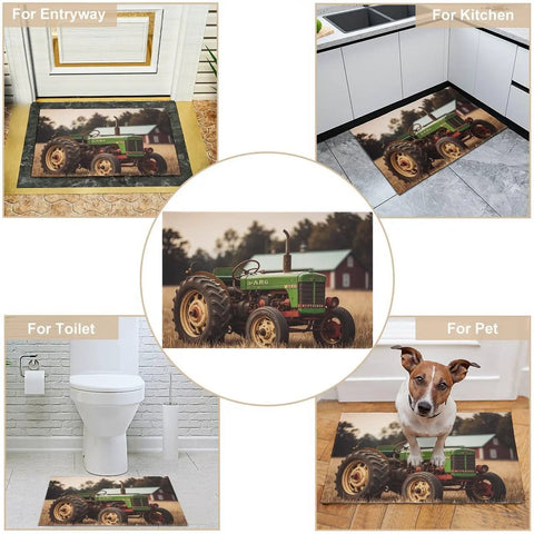 Tractor Photo Farm Area Rug Cozy Crystal Velvet Non Slip Furry Carpet For Living Room Indoor Machine Washable Rug Entryway Floor Mat Large Bedroom Dining Room in various settings.