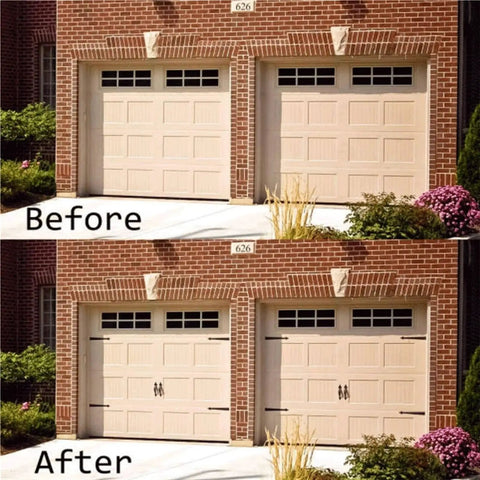 Before and after using Beefy Six Piece Decorative Garage Door Hinge Handles Kit In Heavy Duty Steel For Metal Doors Wood And More