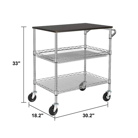 Heavy Duty 3 Tier Utility Cart With Wood Top, Steel Service Cart On Wheels, NSF Listed Food Service Trolley, 500 Lb Capacity, Industrial Strength Rolling Cart With Handle For Kitchen, Garage Or Shop