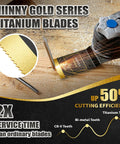 Runs Slick Pro Grade Titanium Coated Oscillating Tool Blades 3 Pack Universal Multitool Teeth Cut Wood Plastic And Metal Without Breaking A Sweat 1.75 Inch Heavy Duty Replacement Heads Fits Dewalt Milwaukee Ryobi Fein with gold titanium blade in use on wood.