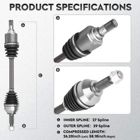 Nissan Altima 2.5L Front CV Axle Shaft Assembly Pair Fit 2007-2013 Not Hybrid Also Compatible With Rogue 2008-2013 And Rogue Select 2014-2015 Front Wheel Drive Only Driver And Passenger Side Easy Install, showing detailed specifications of inner and outer spline measurements.