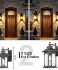 Luminzone Outdoor Light Fixtures Wall Mount Solar Lantern, Vintage Dusk to Dawn Wall Sconce with Remote Control & LED Bulb, 18'' light on exterior wall.