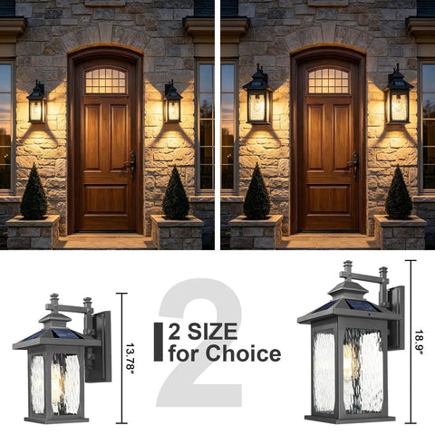 Luminzone Outdoor Light Fixtures Wall Mount Solar Lantern, Vintage Dusk to Dawn Wall Sconce with Remote Control & LED Bulb, 18'' light on exterior wall.