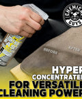 Person using Lightning Fast Carpet And Upholstery Stain Extractor 16 Oz on fabric with visible before and after effect.