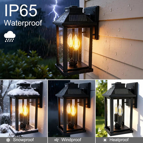 Super Bright Solar Porch Lights With Smart Motion Sensor Sconce Natch Kicks On Yard Fence and Patio for Straight Up Security and Super Fly Nighttime Glow, black lantern, waterproof design.