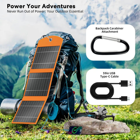 Go-To 10000mAh Solar Charger With 30W Foldable Panels and Fast Type-C Plus Dual USB-A Ports next to outdoor camping gear.