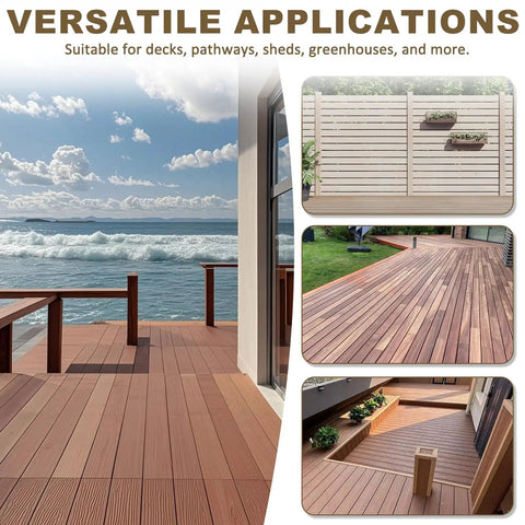 Side view of outdoor deck with sea view, showcasing Adjustable Deck Support Pedestal Kit With Leveling Blocks And Screws, Height Ranges From One And One Sixteenth To Two And Three Eighths Inches, Weatherproof Plastic Deck Base, includes 24 Screws, Tape And Screwdriver For Quick Joists And Flooring set.
