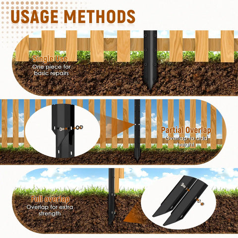 Usage methods of 10 Pack Fence Post Repair Stakes, 14 Gauge Heavy Duty Steel Fence Post Support Kit With Easy Installation